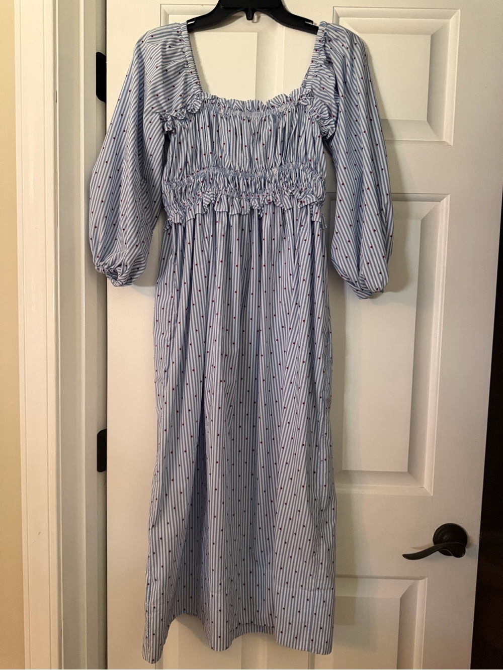 Anthropologie Light Blue Pinstripe Smocked Midi Dress with Puff Sleeves